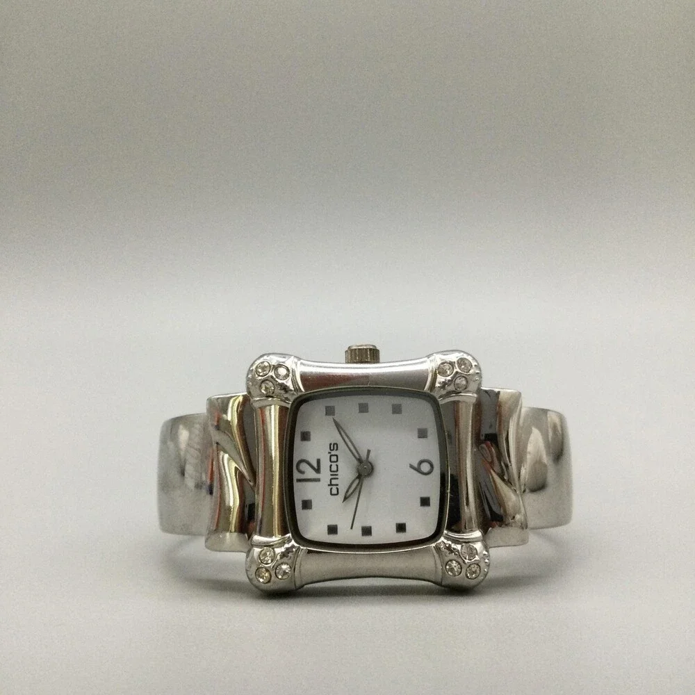 Chico's Womens Watch 30mm Square Silver Tone Open Cuff Rhinestone New Battery